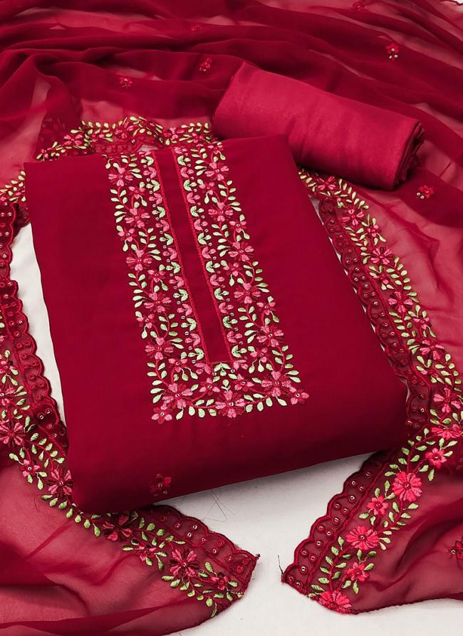Georgette Red Casual Wear Embroidery Work Dress Material
